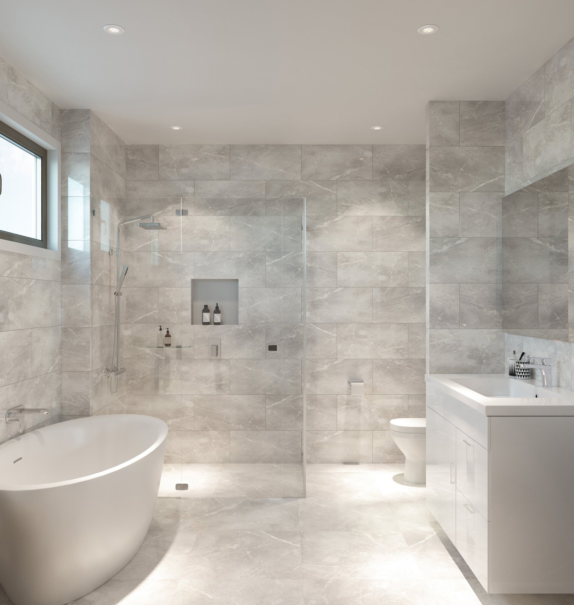 Frame-less glass shower, floor to ceiling stone tiles, freestanding bathtub, gloss white vanity.