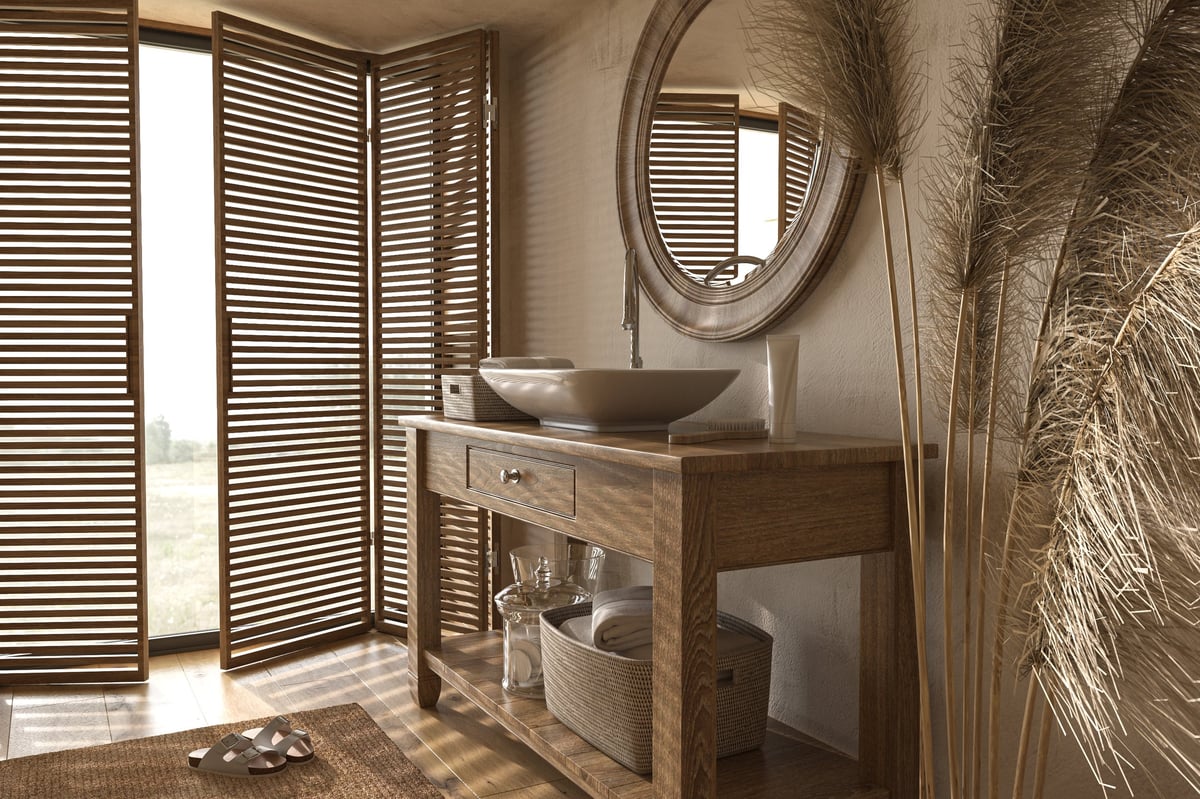 Boho scandinavian style in home interior background. Beige bathroom with natural wooden furniture. 3d render. 3d illustration.