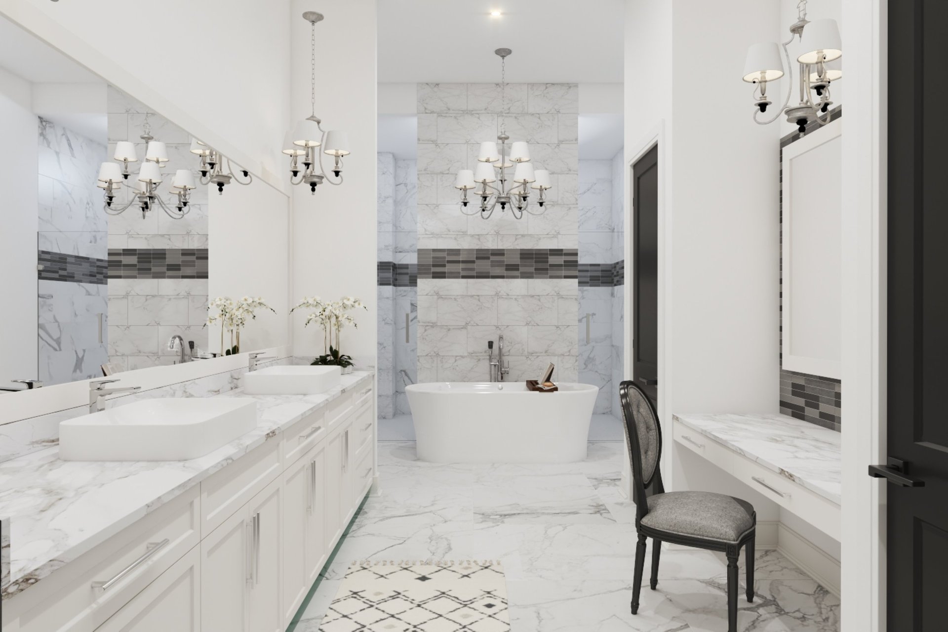 Luxurious bathroom with marble surfaces, modern freestanding bathtub, and elegant lighting fixtures
