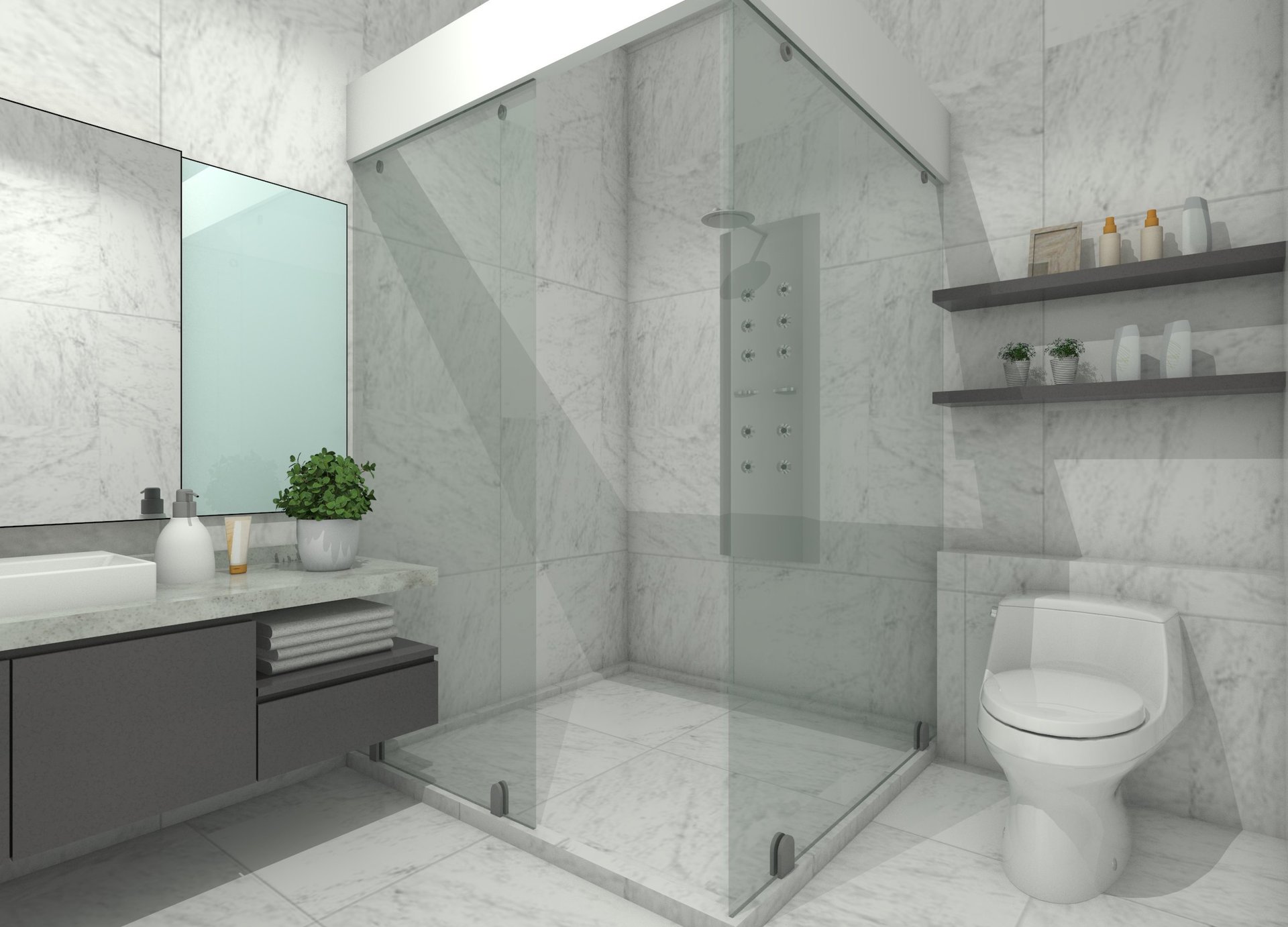 Modern 3D bathroom interior design with sink cabinets and storage drawers