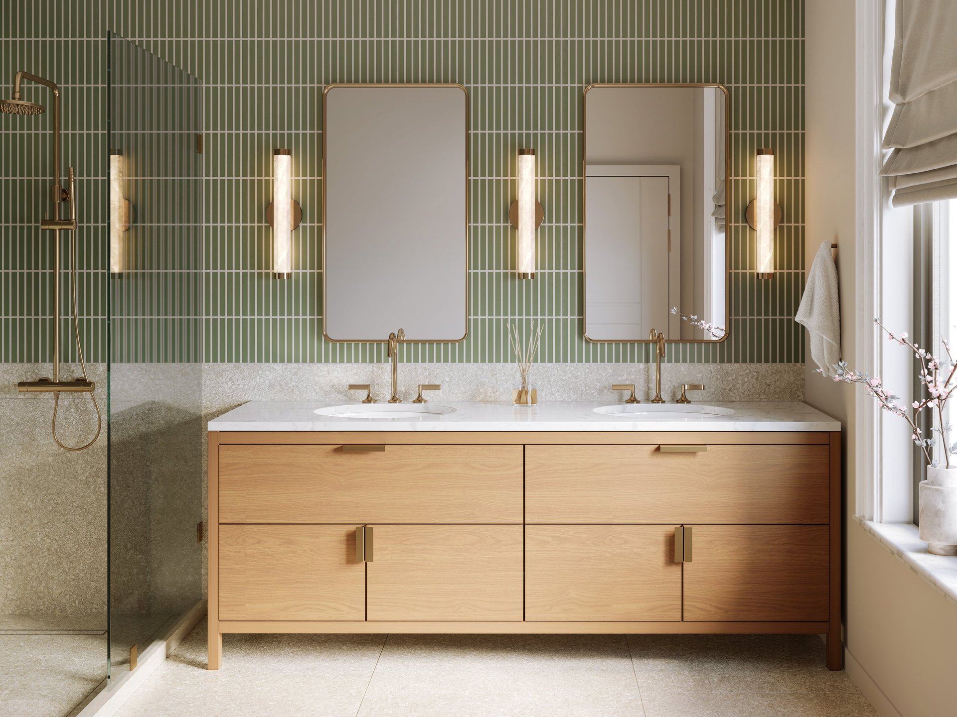 3d render - a modern bathroom with green wall tile and terrazzo wall and floor tile, brass plumbing fixtures , brass mirrors and marble countertop