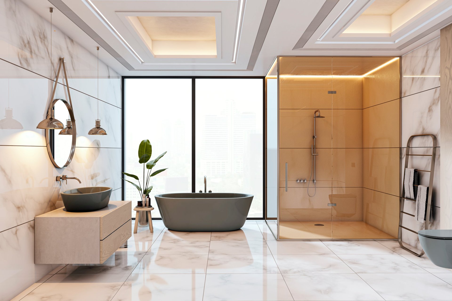 Luxurious modern bathroom with marble and city view