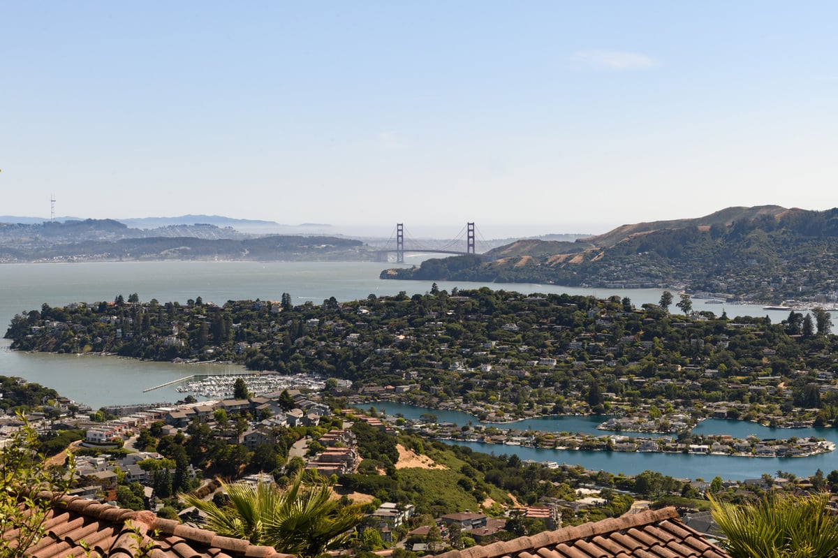 View looking southwest from Tiburon, California of Belvedere Island, Belvedere Lagoon, San Francisco Bay, Richardson Bay and the Golden Gate Bridge