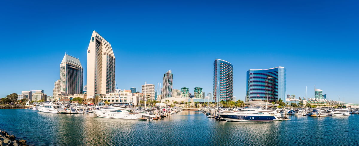Panoramic view of San Diego Marina and skyline on a bright sunny day