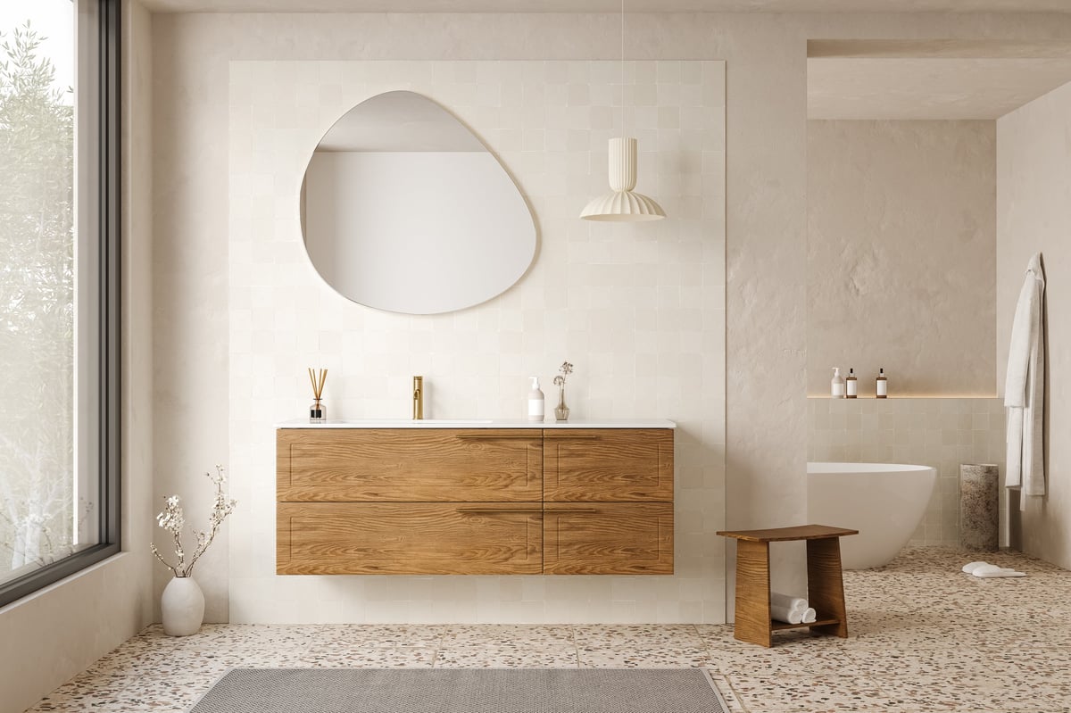 Modern bathroom design with wooden vanity, terrazzo floor and partial view of freestanding bathtub in background, 3D rendering