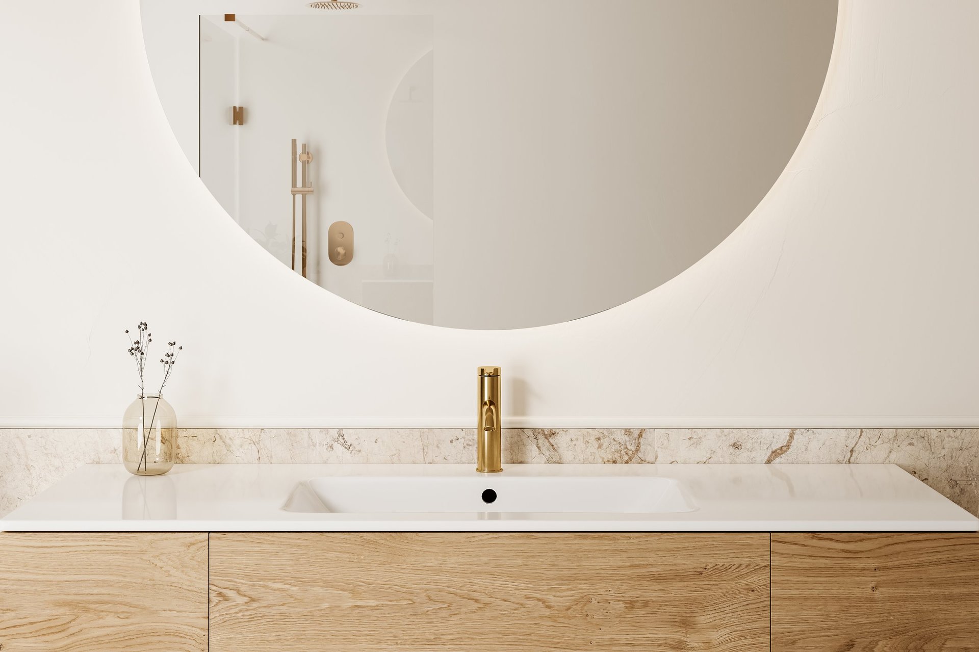 Bathroom vanity detail with premium gold faucet and round mirror 3d render