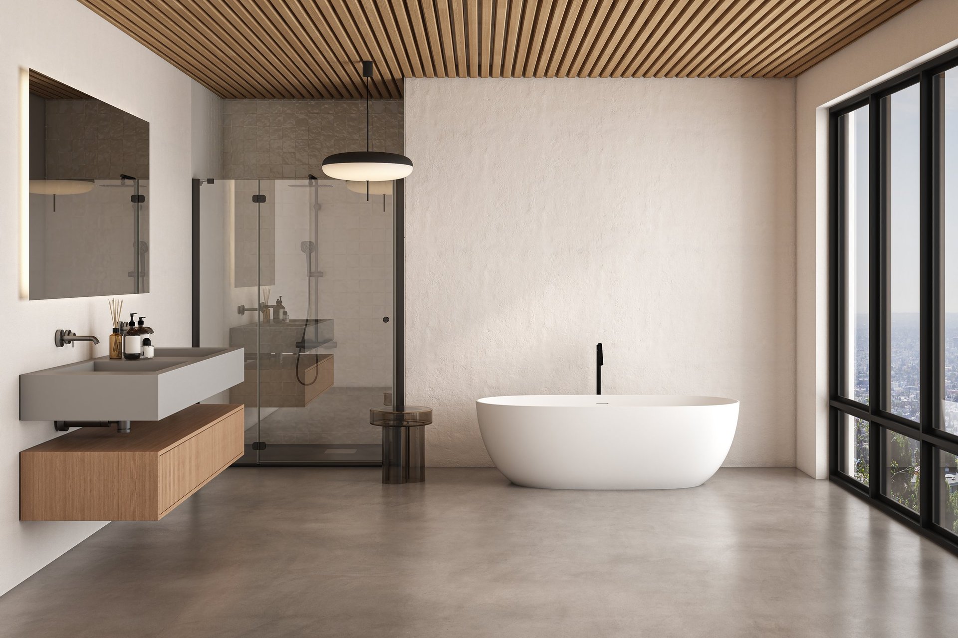 Luxury bathroom with freestanding bathtub and modern shower cabin