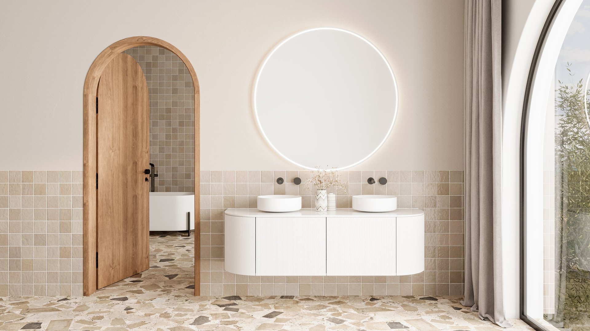 Minimalist double vanity bathroom with terrazzo flooring and LED mirror 3d render