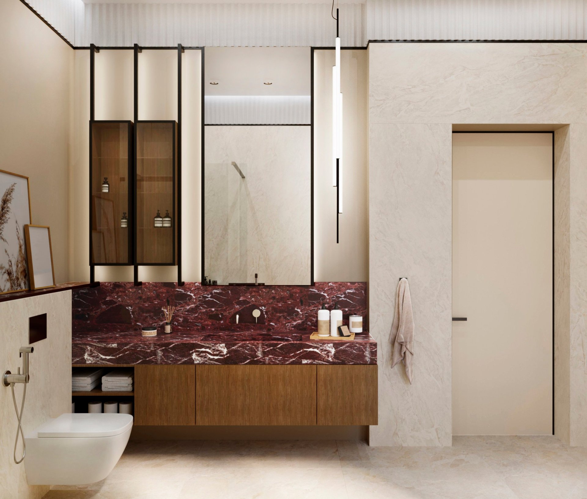 Modern master bathroom with pink marble vanity
