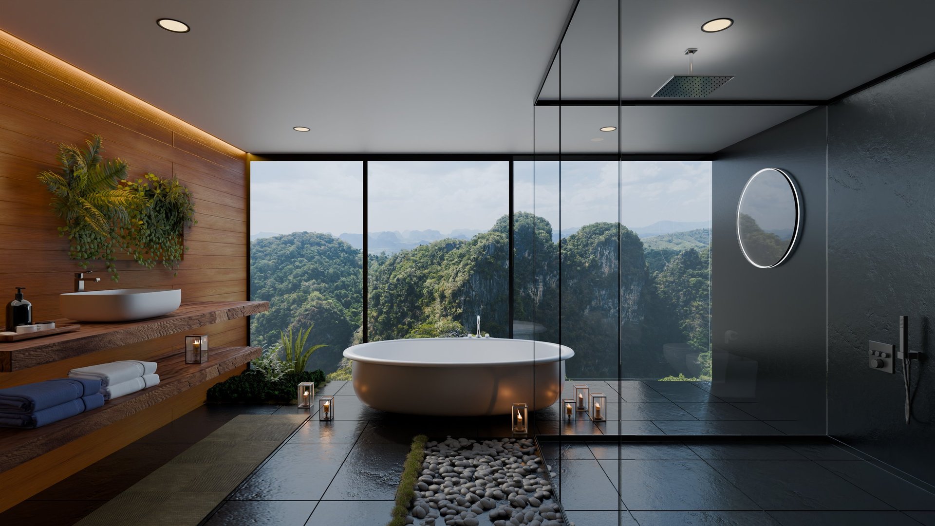 room features a large bathtub next to a glass wall with green mountains and trees visible