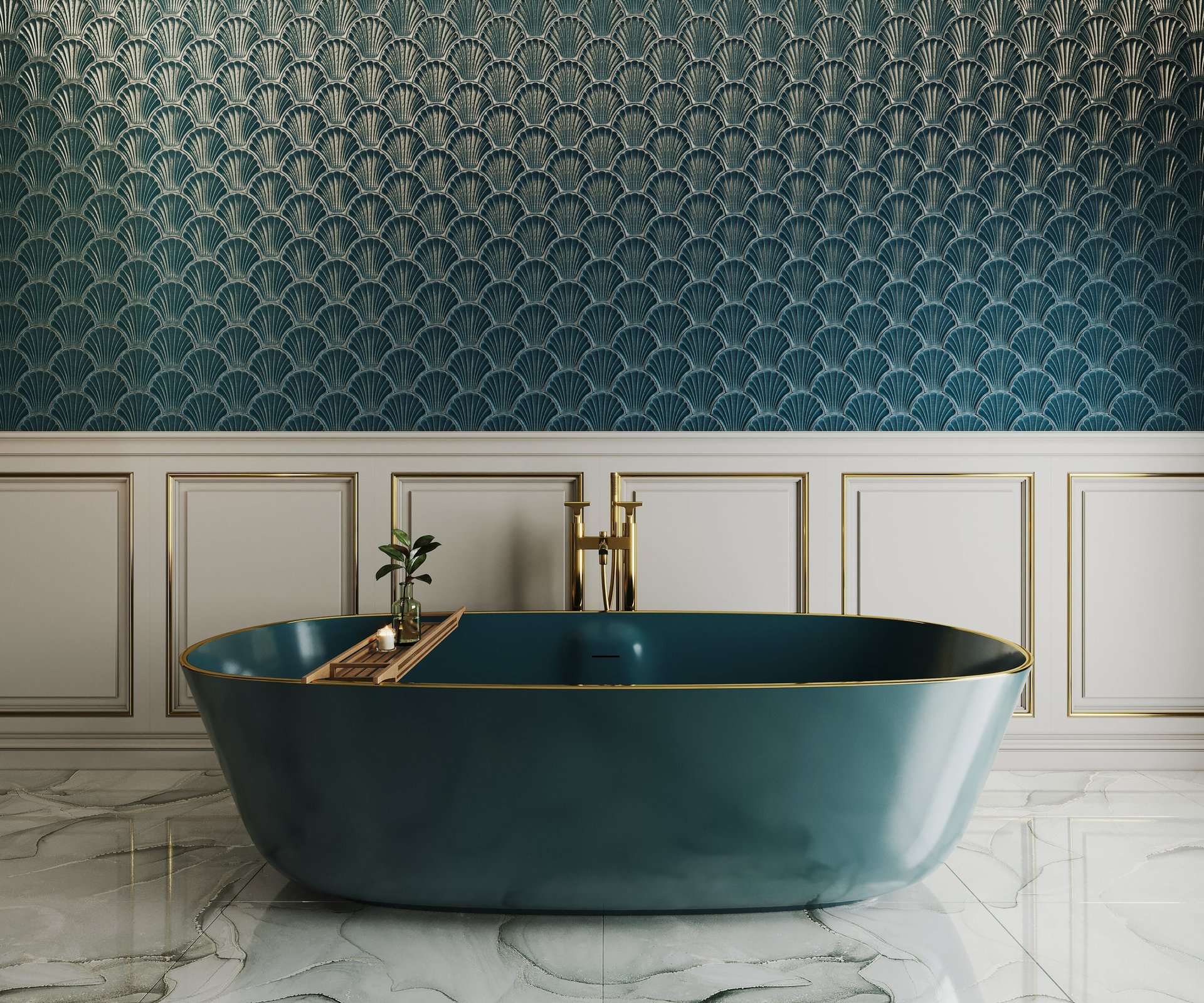 Elegant luxury bathroom interior featuring a deep emerald green freestanding bathtub with gold accents